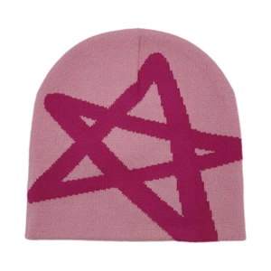 Pink knitted beanie with a magenta star pattern on a white background, winter hip-hop style
