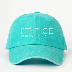 Adjustable mint green washed cotton baseball cap with white printed graphic slogan