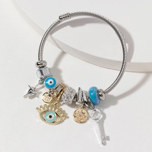 Bohemian Stainless Steel Beaded Charm Bangle Bracelet For Women Blue Evil Eye Heart Key Pendant Adjustable Jewelry Gift