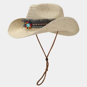 Beige straw cowboy hat with bohemian beaded band and windproof rope for sun protection