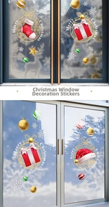 Detailed Christmas window decals featuring festive stockings, gifts and gold Merry Christmas rings
