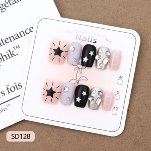 Handmade Press On Nails Pink Purple Black Silver With Rhinestone Star Grid Pattern Sweet Cool Style For Women Girls