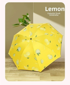 Detail of vibrant yellow lemon pattern and green leaves on a high-quality umbrella