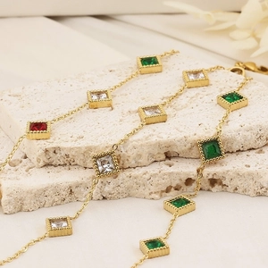 18K gold plated titanium bracelets featuring emerald, white, and red square zircons
