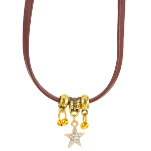 Brown leather choker with gold metal star pendant and rhinestone details on white background