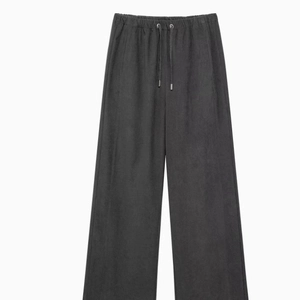 Women's dark gray wide-leg casual pants with adjustable drawstring elastic waistband