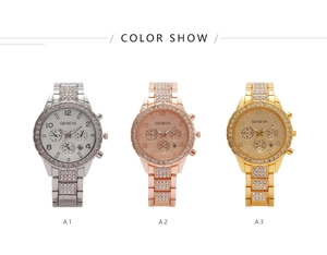 Three-color display of Geneva crystal set quartz watches in silver, rose gold and gold finish