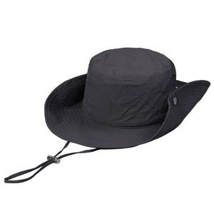 Quick-dry black outdoor sun hat with wide brim, chin strap and side metal buttons