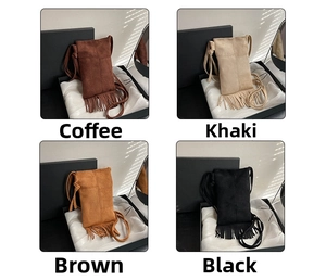 Macro detail of four tassel fringe crossbody bags in coffee, khaki, brown and black colors