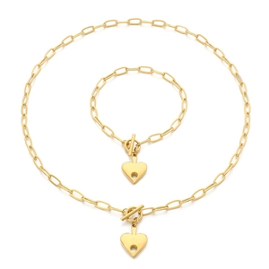 18K gold-plated stainless steel paperclip chain necklace and bracelet set with heart charm