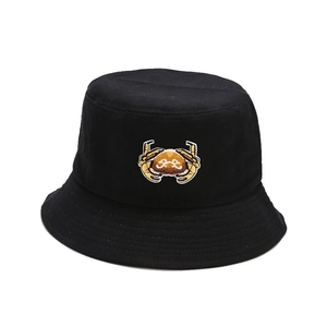 Foldable black cotton bucket hat with orange crab embroidery for outdoor sun protection