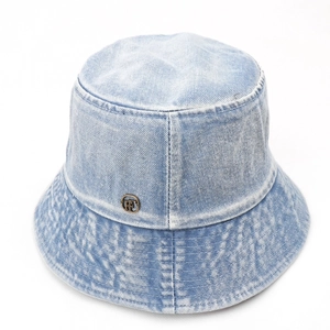 Top view of retro washed light blue denim bucket hat with metal logo detailing