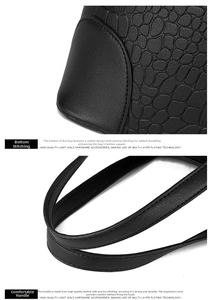 Detail view of reinforced bottom seams and stitching on the black crocodile pattern handbag