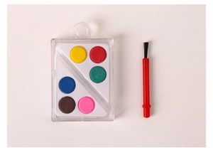 Detail of 6-color solid watercolor paint set in transparent case with mini brush