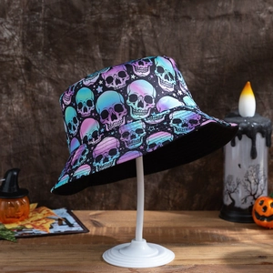 Detail of gradient skull and star print bucket hat for Halloween with black inner lining
