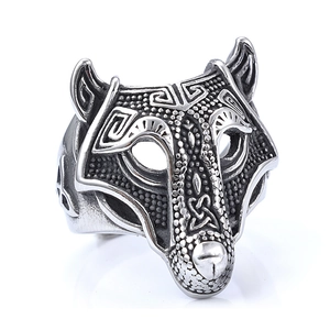 Vintage stainless steel wolf head ring with intricate Nordic style engravings