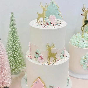 Christmas cake topper acrylic deer and tree decorations for holiday party dessert table details.