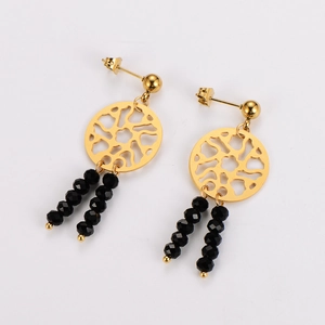 Detail of dreamcatcher earrings with gold hollow circle and black beaded tassels