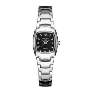 Minimalist square women's quartz watch with silver steel strap and black dial