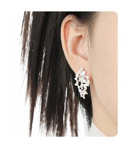 Detailed view of silver irregular hollow earrings with frosted texture and coral design