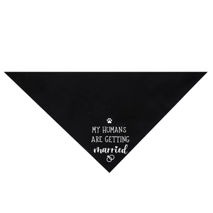Close-up of black wedding dog bandana with My Humans Are Getting Married text and prints