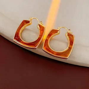 Orecchini A Cerchio Quadrati Vintage Con Resina Ambra Rame Placcato Oro E Perno In Argento Per Donna