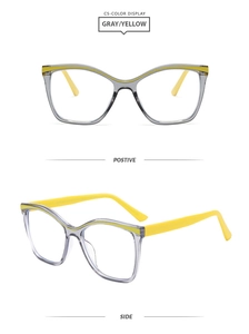 Detail of square TR90 frame glasses with gray transparent front and yellow temples