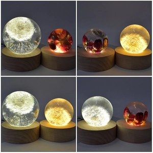 3D crystal ball night light with dandelion and rose interior on wooden LED base