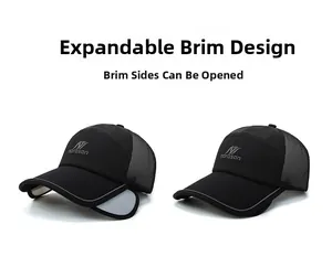 Détail de l'extension du bord de la visière sur la casquette de sport noire en mesh