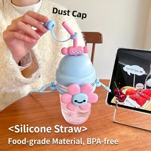 Pink cartoon sunflower straw cup for girls made of BPA-free food grade plastic