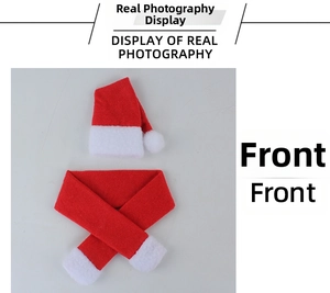 Detail view of red Christmas hat and plush scarf set for bottles or pets