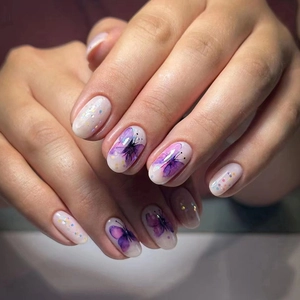 Sweet Style Purple Butterfly Press On Nails Oval Shape Ombre Glitter Decorative Artificial Nails For Women Daily Party Wear