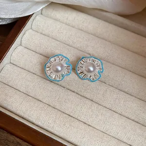 French vintage silver flower stud earrings with white pearl and blue enamel accents