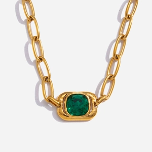 Vintage Square Emerald Green Glass Pendant Necklace Stainless Steel 18K Gold Plated Paperclip Chain For Women Jewelry