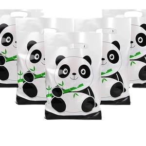 Five white plastic gift bags featuring cute panda eating bamboo print with carry handles