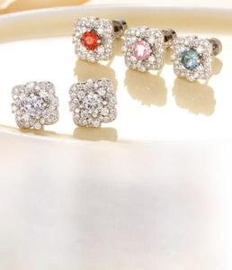 Detailed view of square micro-set zircon earrings in five colors with titanium steel posts