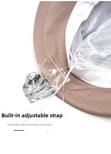 Détail du chapeau de soleil kaki avec doublure en maille et cordon de serrage réglable