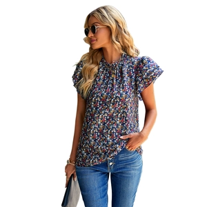 Women's casual floral blouse with ruffle short sleeves and round neck in dark blue