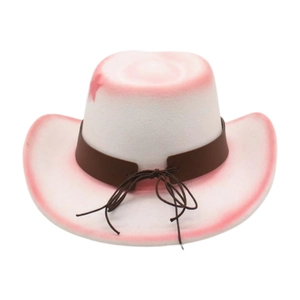 Detail of white western cowboy hat with pink gradient edges and leather band
