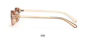 Detailed side view of amber oval sunglasses showing hinge and specifications with CE mark