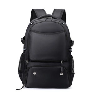 Close-up of black water-resistant sports backpack with hexagonal honeycomb texture and mesh pocket