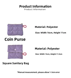 Detail view of purple quilted sanitary and coin bags with heart patterns and dimensions