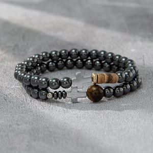 Double-layer beaded bracelet set with hematite beads and silver cross charms for men