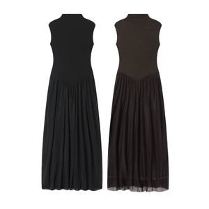 Sleeveless Mock Neck Splicing Mesh Maxi Dress Elegant Slim Fit Tulle Pleated Evening Party Gown For Women