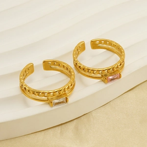 18K gold-plated double-layer open ring with rectangular zircon stones in gold finish