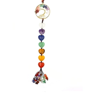 Seven chakra tree of life car hanging ornament with heart-shaped natural crystals and tassels