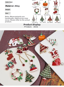 Detailed view of alloy Christmas brooches with enamel details and colorful rhinestones
