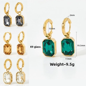 Detail view of square K9 glass pendant earrings with measurements and weight specifications