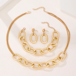 Detail showing gold chunky chain necklace, matching bracelet, and oval earrings set