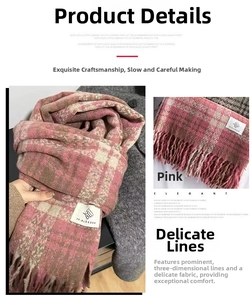 Detailed macro view of soft pink plaid scarf texture with elegant tassel trim design